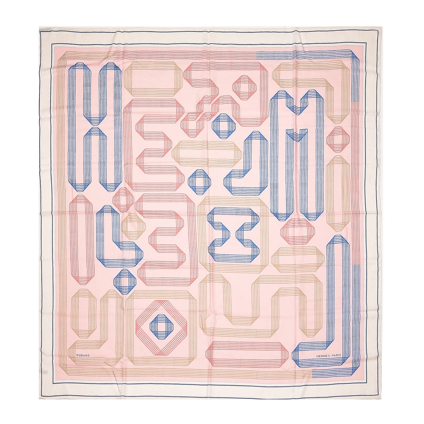 Cashmere Silk Rubans D'Hermes Shawl 140 Blanc Rose Pale Bleu