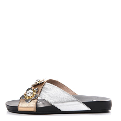 Fendi Metallic Nappa Crystal Flowerland Crisscross Slide Sandals 39 Argento Bronze Gold 1 of 7