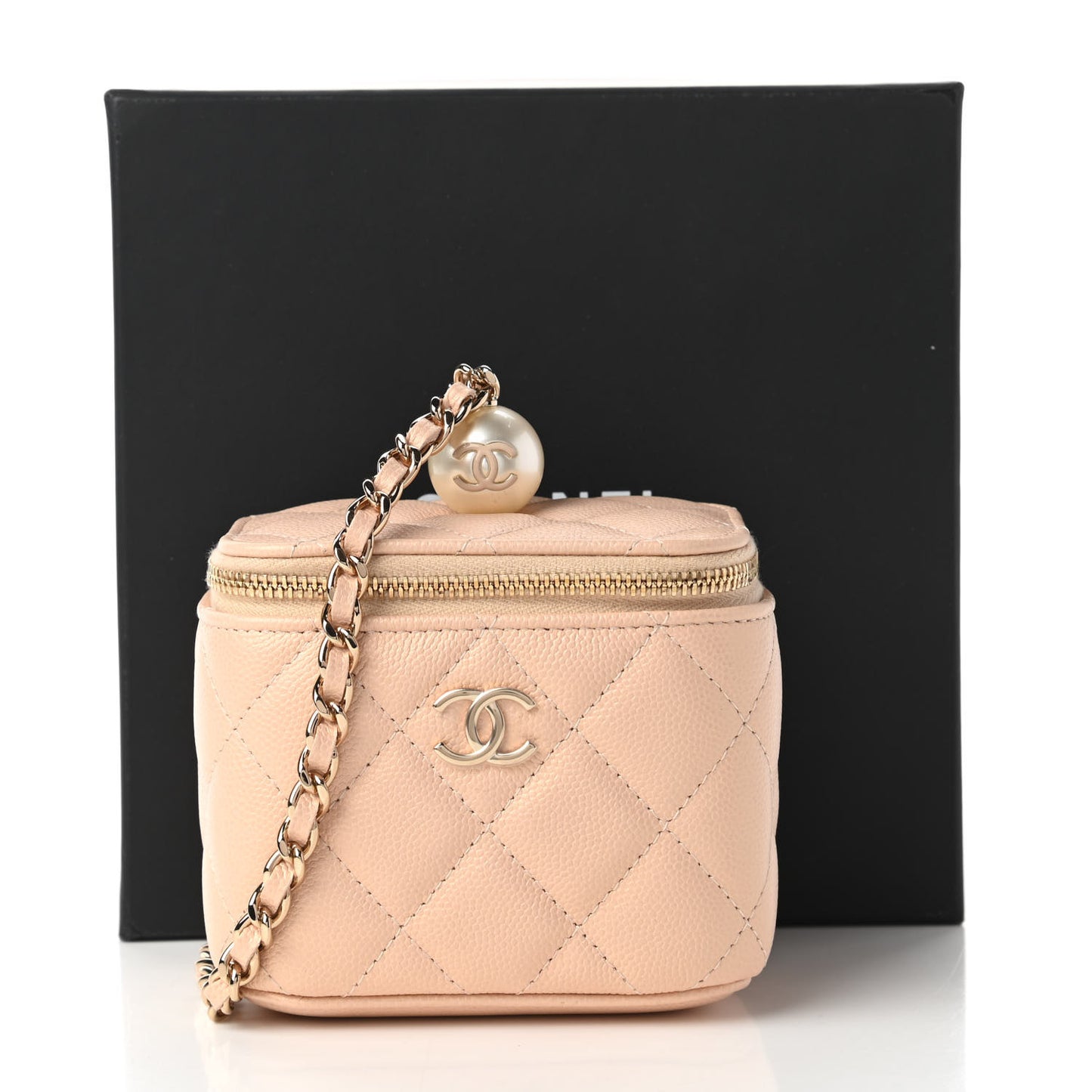Iridescent Caviar Quilted Mini Pearl On Top Vanity Case With Chain Beige