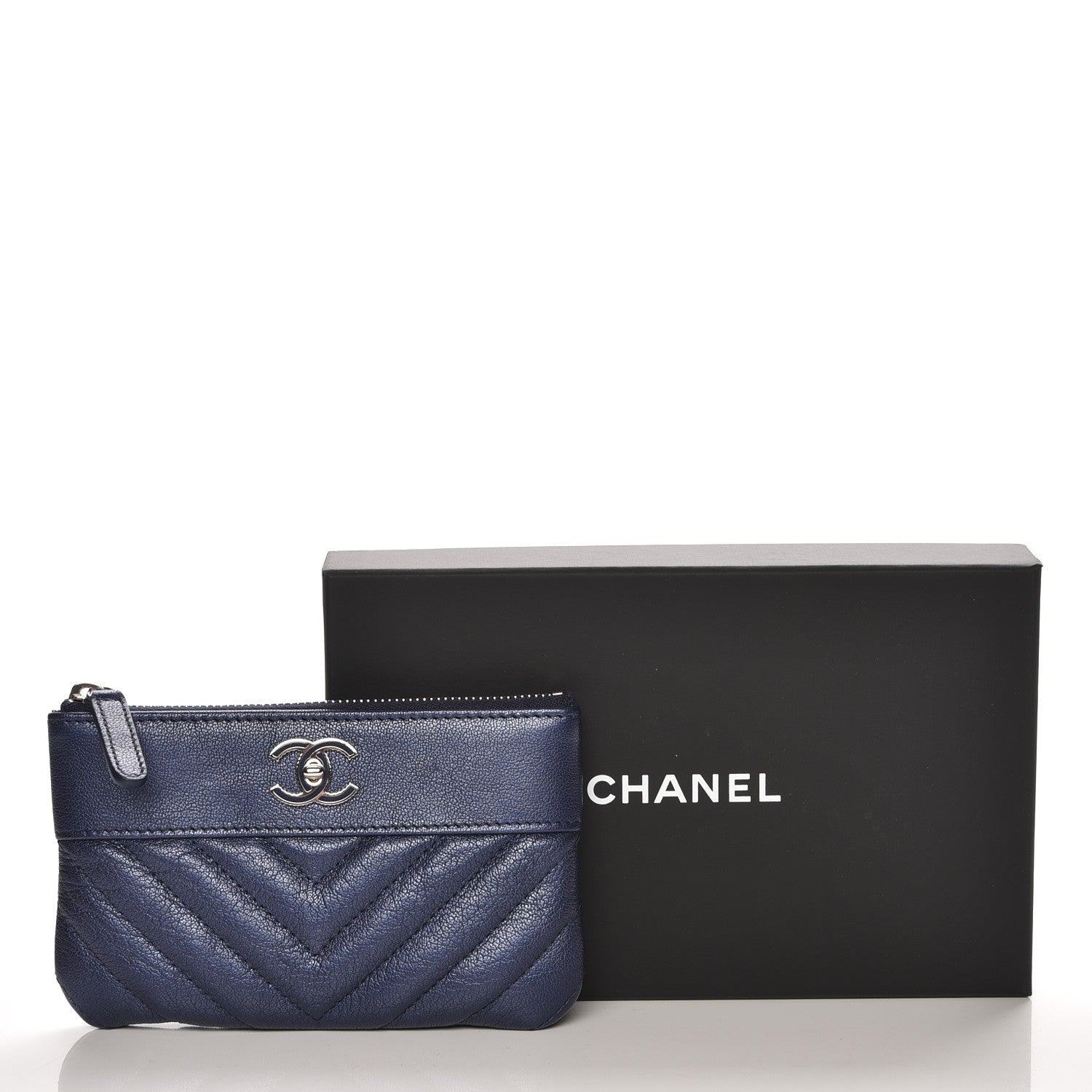 Chanel Metallic Sheepskin Chevron Quilted Small Vintage Mademoiselle Cosmetic Case Navy 8 of 8