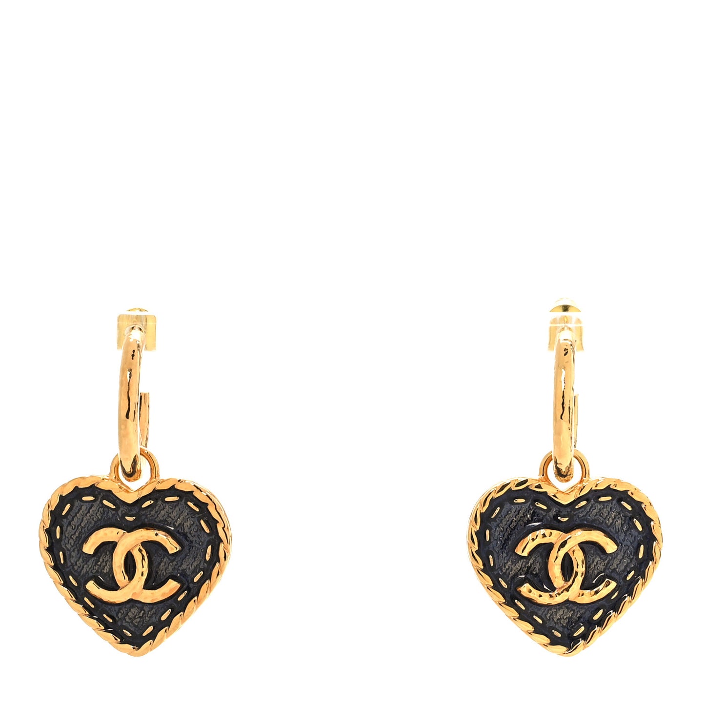 Metal Enamel CC Denim Heart Drop Earrings Gold Blue