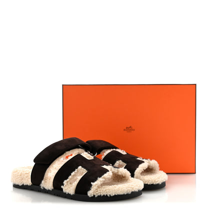 Hermes Suede Goatskin Woolskin Womens Chypre Sandals 39.5 Marron Ebene 10 of 10