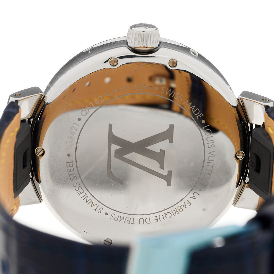 Louis Vuitton LOUIS VUITTON Stainless Steel Alligator Diamond 35mm Tambour Moon Dual Time Quartz Watch Blue 4 of 5