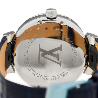 Louis Vuitton LOUIS VUITTON Stainless Steel Alligator Diamond 35mm Tambour Moon Dual Time Quartz Watch Blue 4 of 5
