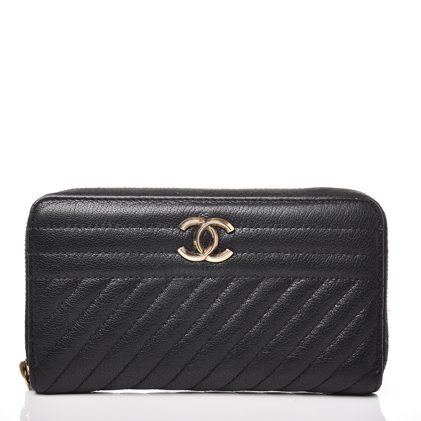 Shiny Goatskin Diagonal Quilted Small Zip Around Wallet Black