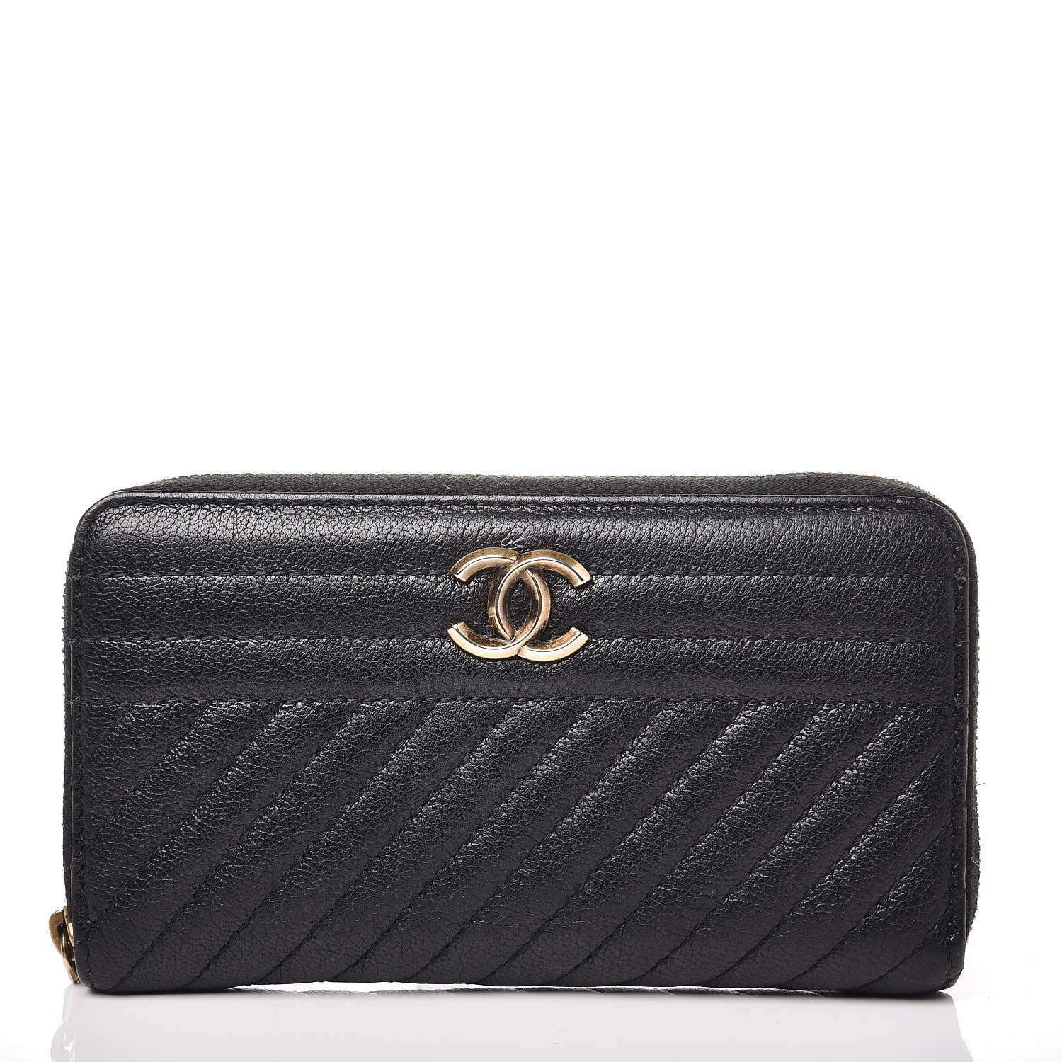 Chanel Shiny Goatskin Diagonal Quilted Small Zip Around Wallet Black 1 of 8