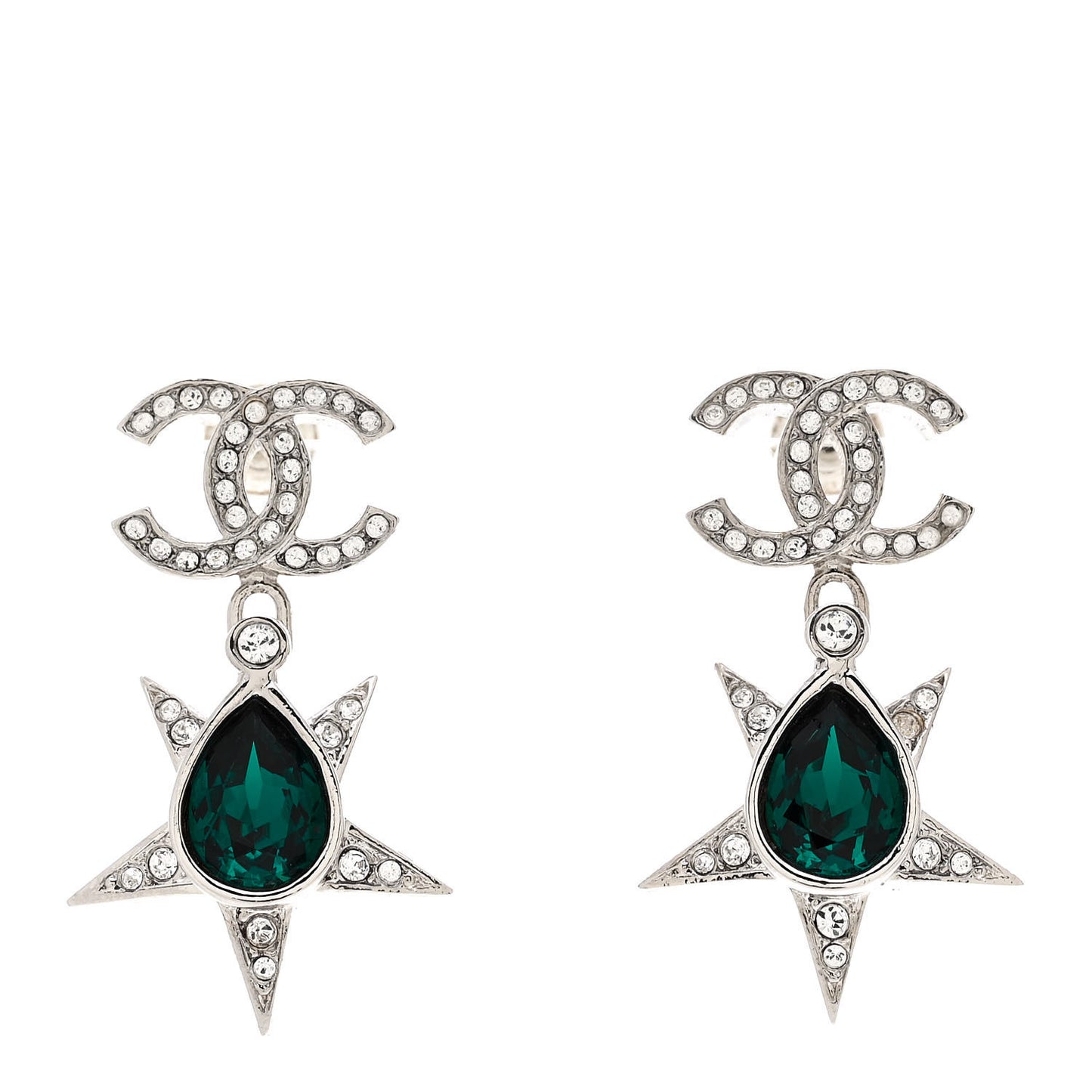 Crystal CC Star Drop Earrings Silver Green
