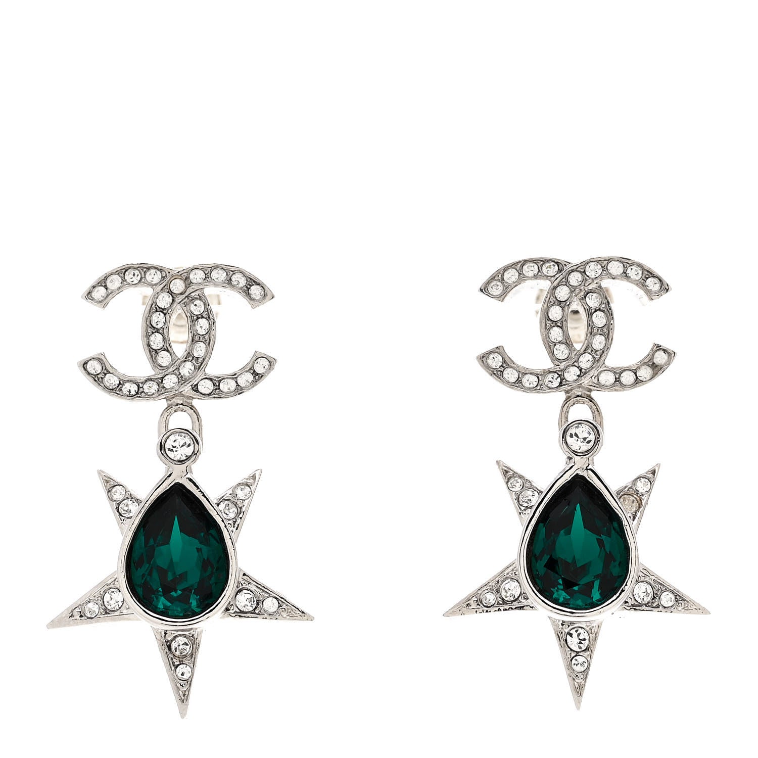 Chanel Crystal CC Star Drop Earrings Silver Green 1 of 5