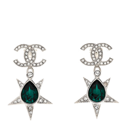 Chanel Crystal CC Star Drop Earrings Silver Green 1 of 5