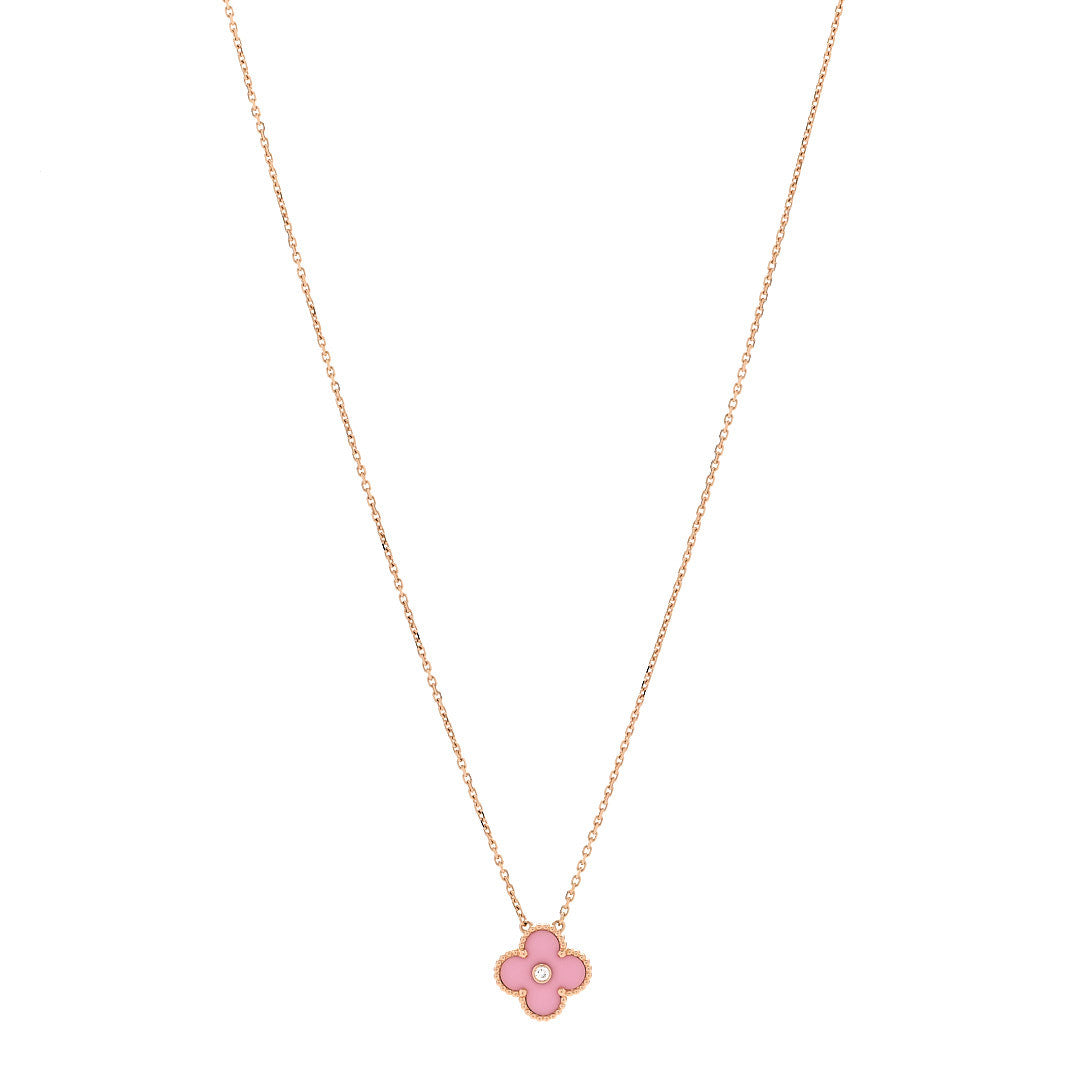 Van Cleef & Arpels 18K Rose Gold Diamond Pink Porcelain Vintage Alhambra Pendant Necklace 1 of 6