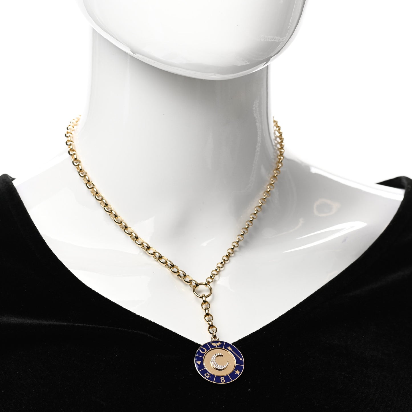 18K Yellow Gold Diamond Enamel Blue Crescent Champleve Heavy Mixed Chain Necklace