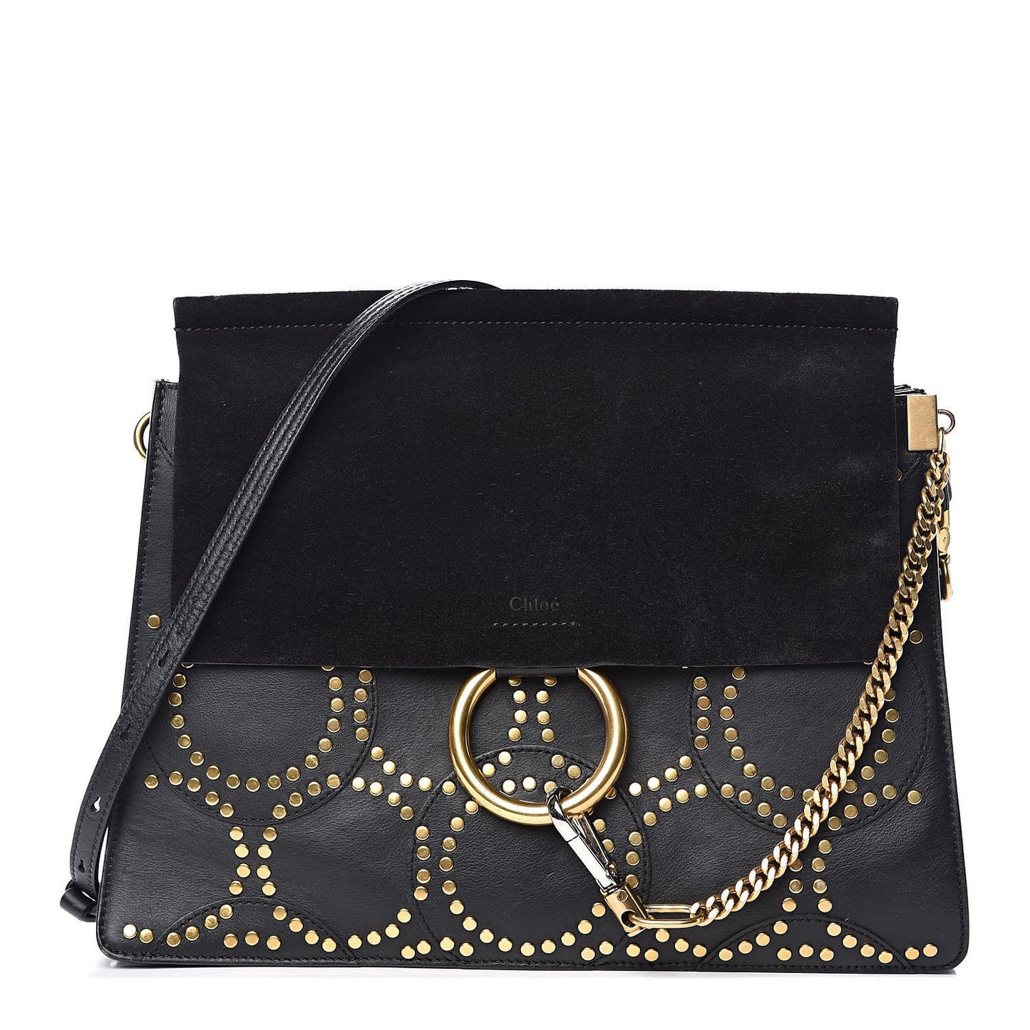 Calfskin Suede Studded Medium Faye Shoulder Bag Black