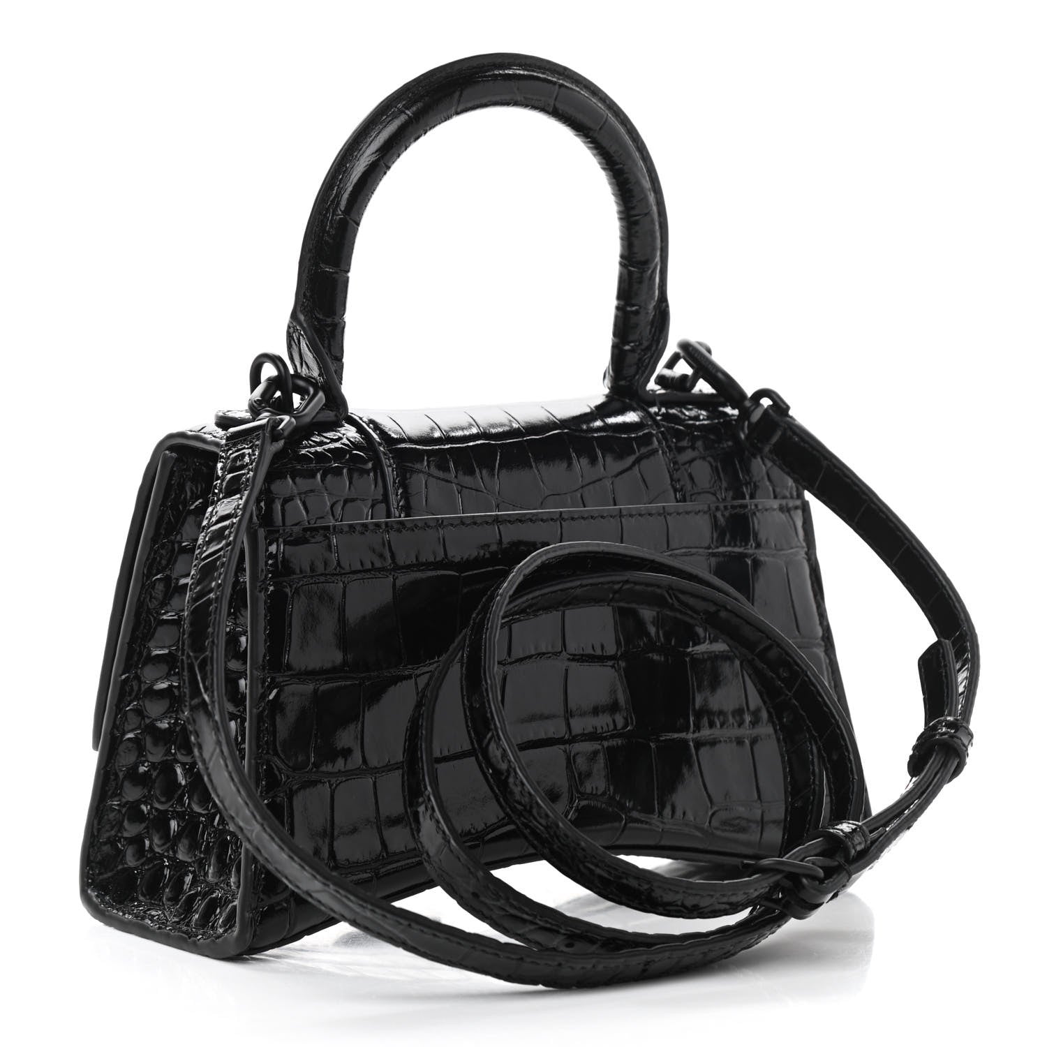 Balenciaga Shiny Calfskin Monochrome Crocodile Embossed Hourglass Top Handle Bag XS Black 3 of 11