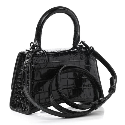 Balenciaga Shiny Calfskin Monochrome Crocodile Embossed Hourglass Top Handle Bag XS Black 3 of 11