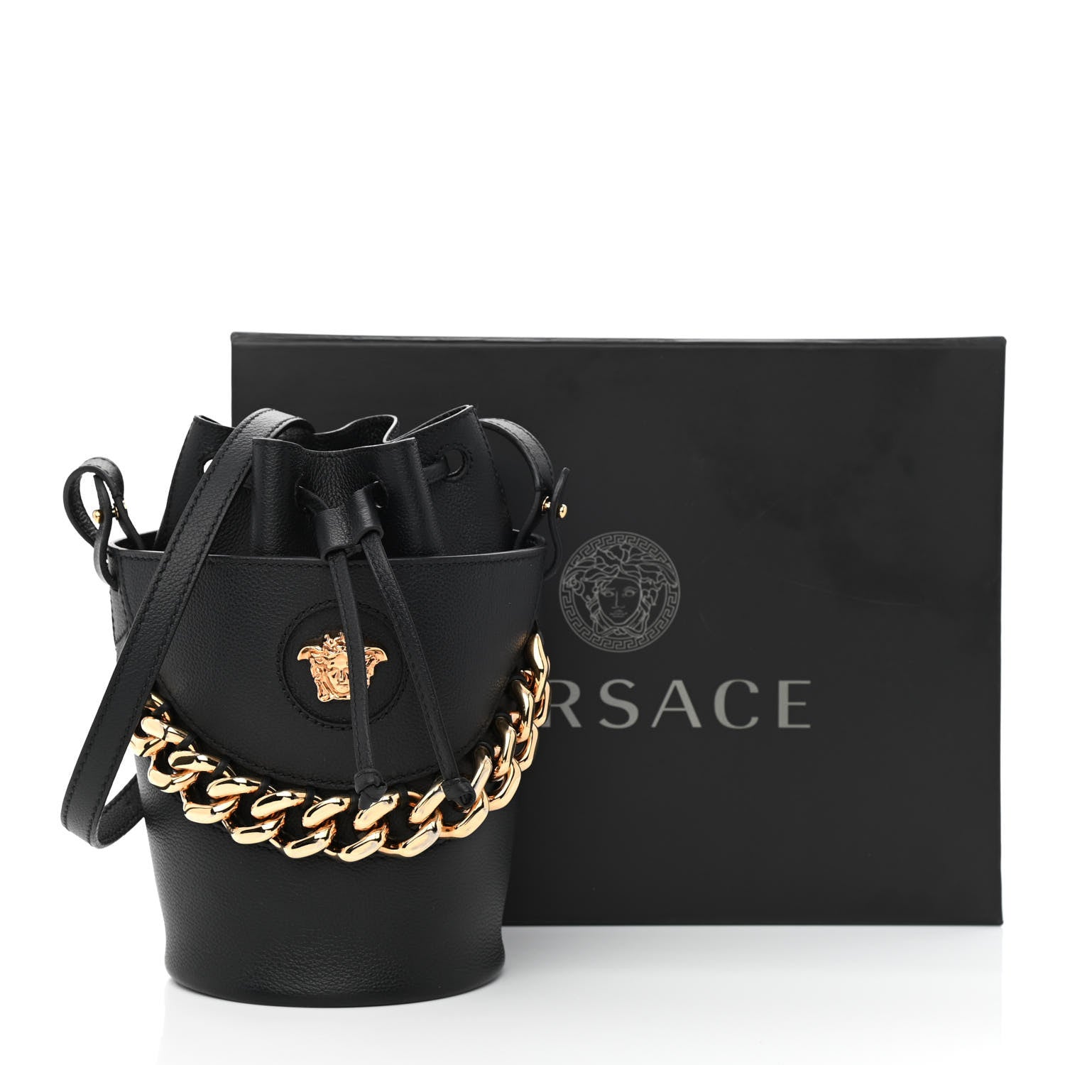 Versace Calfskin Medusa Chain Bucket Bag Black 10 of 10