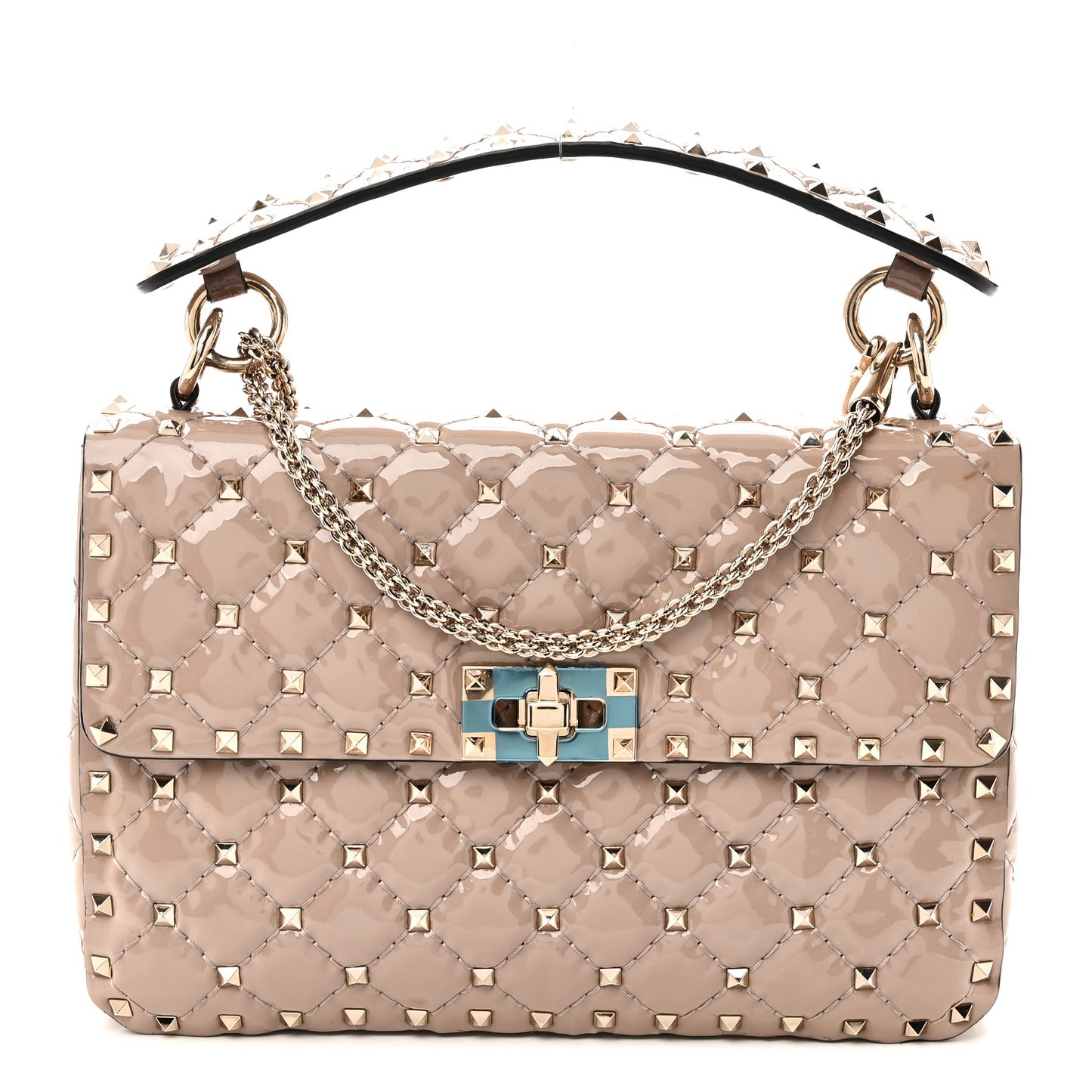 Patent Medium Rockstud Spike Shoulder Bag Poudre