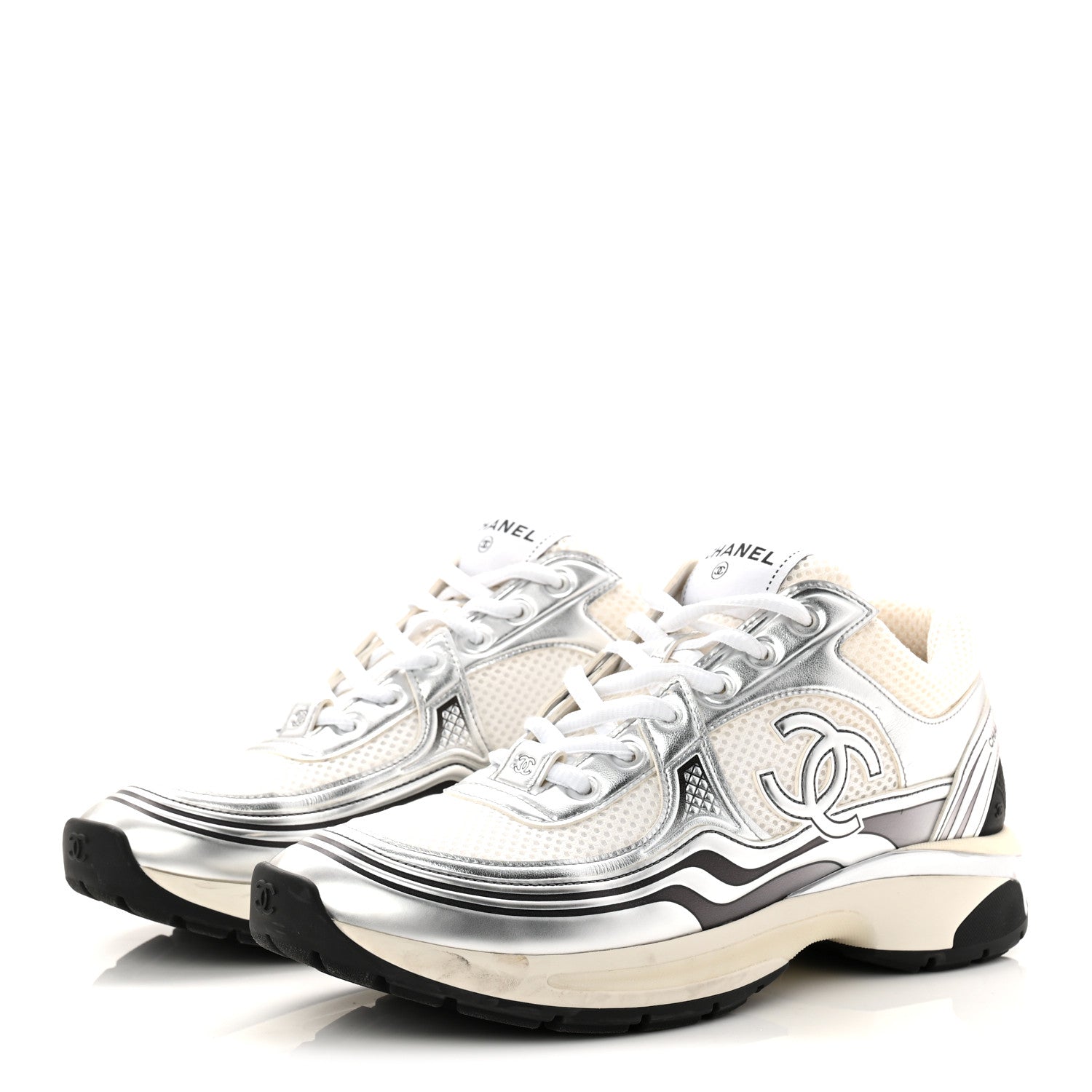 Chanel Fabric Laminated Calfskin Stretch CC Womens Sneakers 40 White Silver 4 of 11
