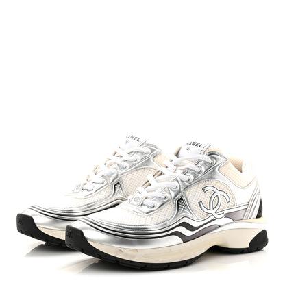 Chanel Fabric Laminated Calfskin Stretch CC Womens Sneakers 40 White Silver 4 of 11