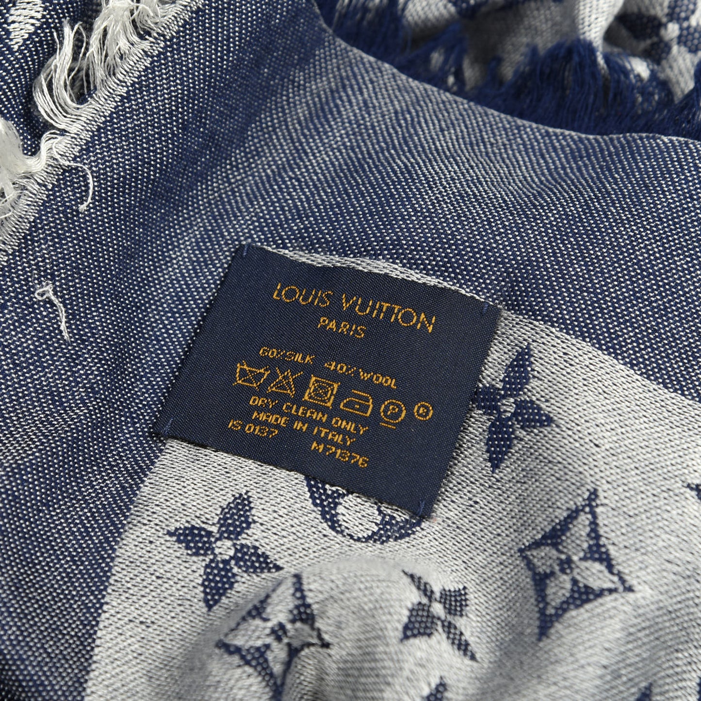 Wool Silk Monogram Denim Shawl Blue