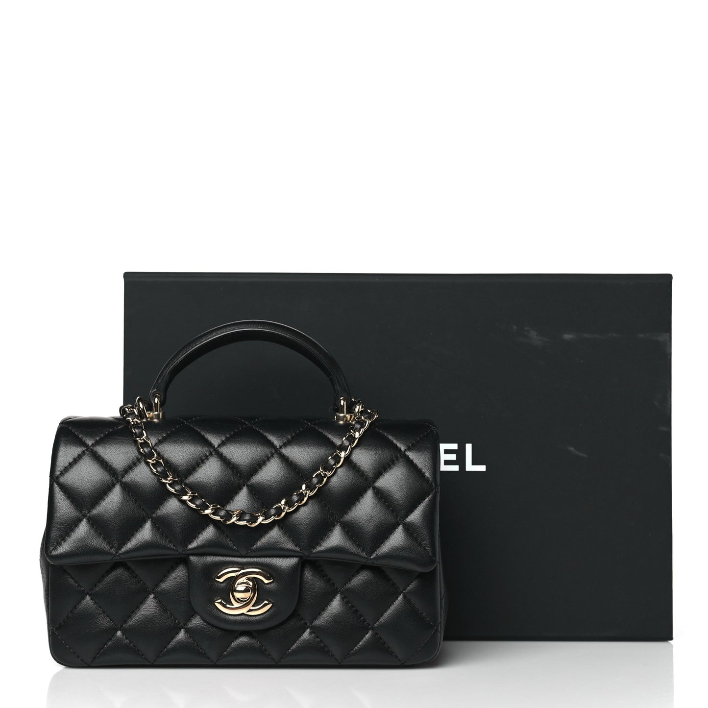 Lambskin Quilted Mini Top Handle Rectangular Flap Black