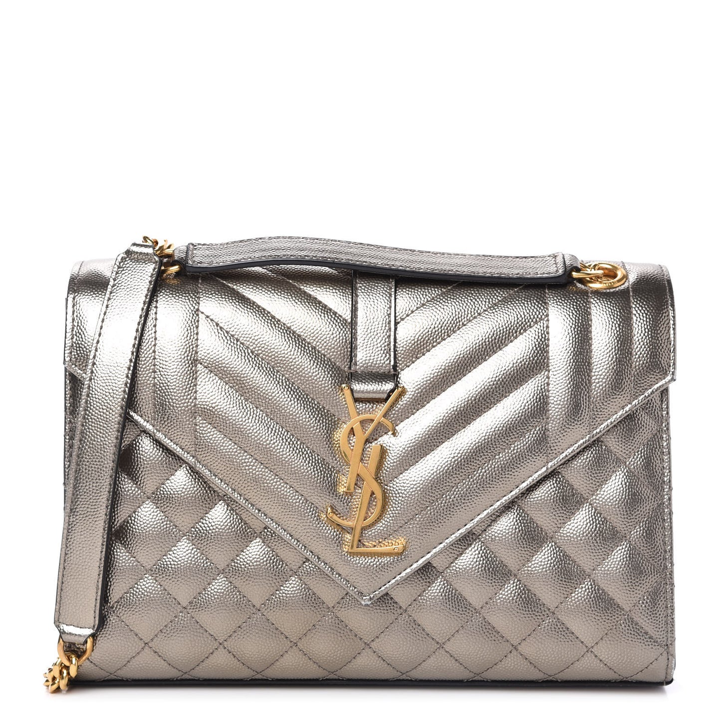 Metallic Grain De Poudre Textured Mixed Matelasse Triquilt Medium Monogram Satchel Piombo
