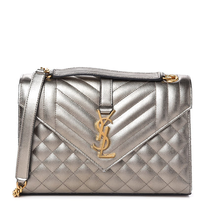 Saint Laurent Metallic Grain De Poudre Textured Mixed Matelasse Triquilt Medium Monogram Satchel Piombo 1 of 10