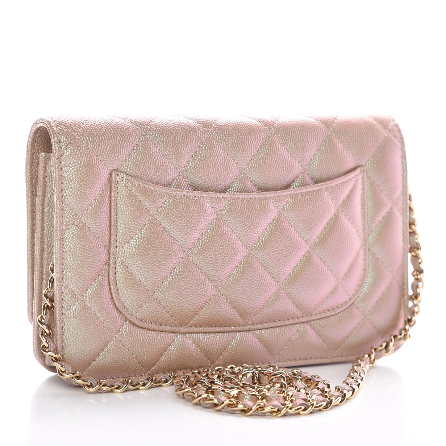 Iridescent Caviar Quilted Wallet On Chain WOC Beige