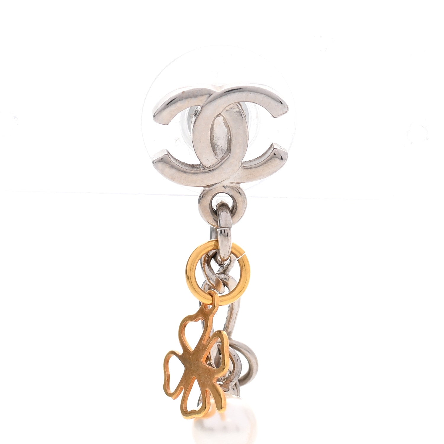 Chanel Metal Clover CC Drop Earrings Gold Silver 4 of 4