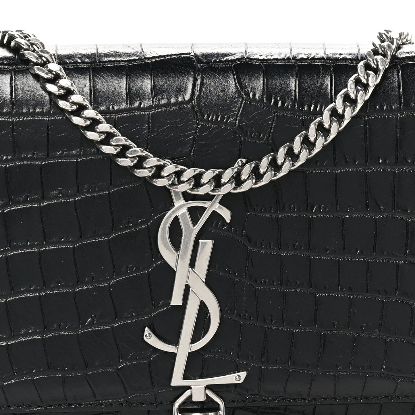Calfskin Crocodile Embossed Small Classic Monogram Kate Tassel Satchel Black