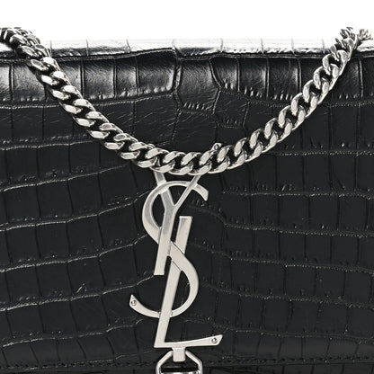 Saint Laurent Calfskin Crocodile Embossed Small Classic Monogram Kate Tassel Satchel Black 8 of 10