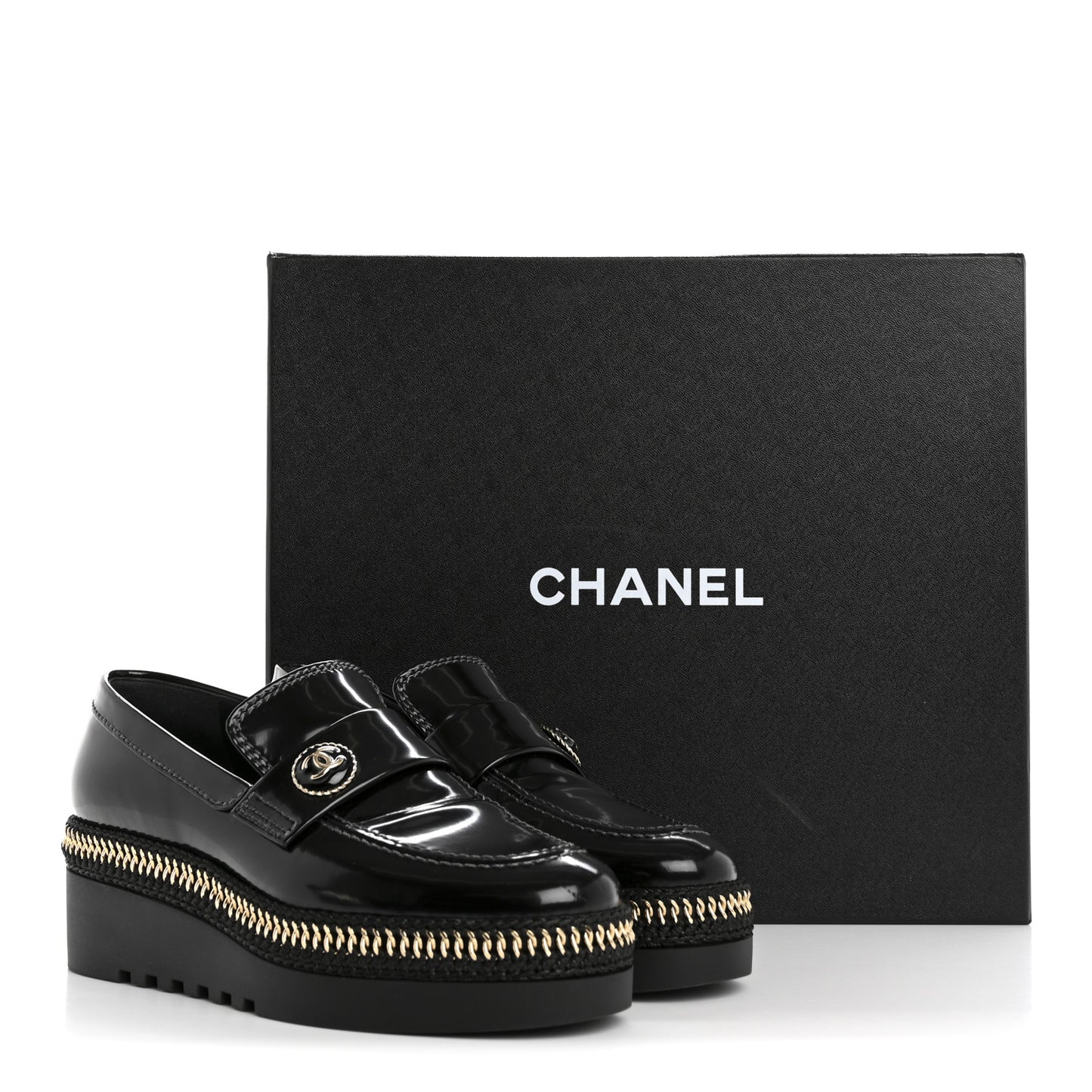 Shiny Calfskin Platform Loafers 37 Black