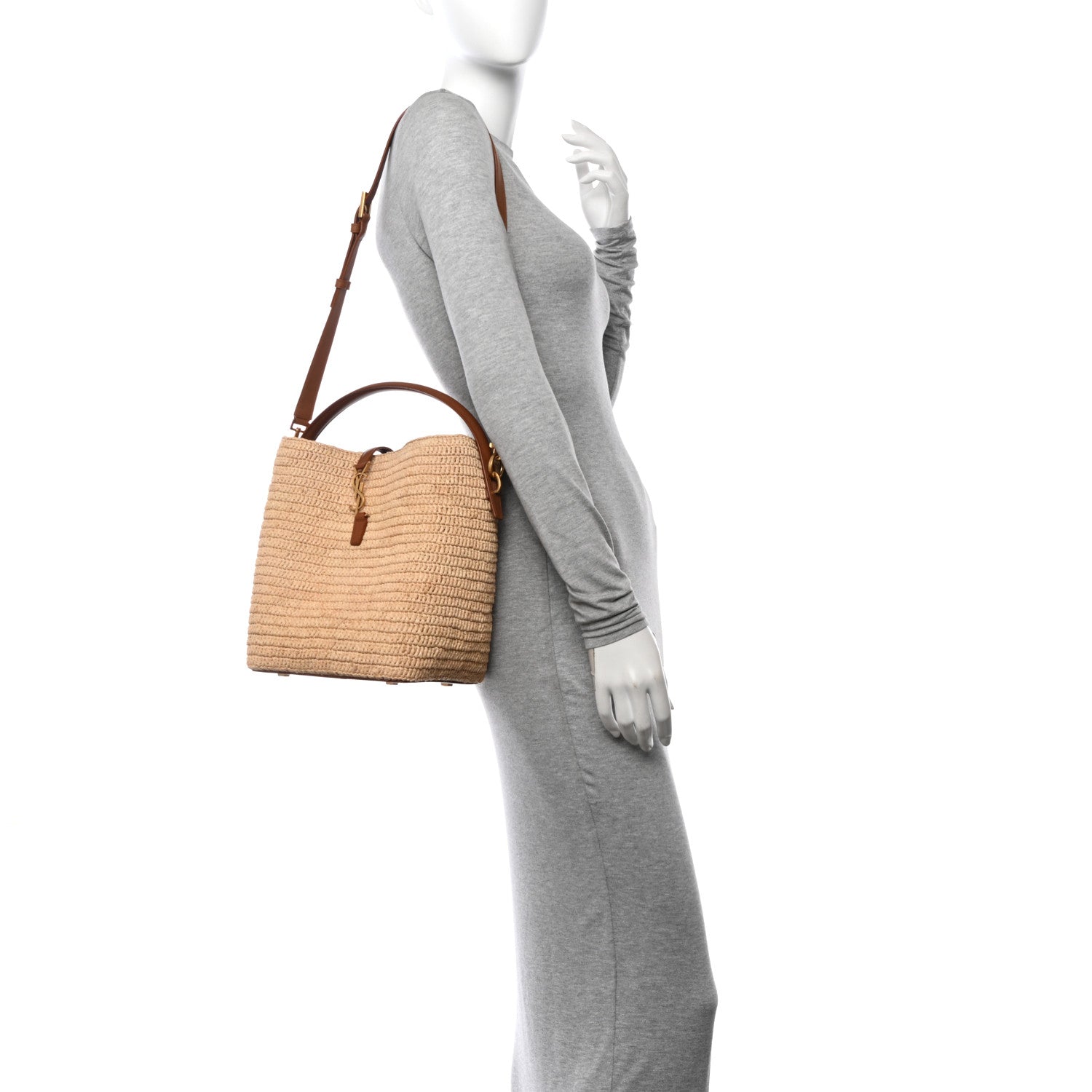 Saint Laurent Raffia Vegetable Tanned Calfskin Le 37 Bucket Bag Natural Brick 2 of 14
