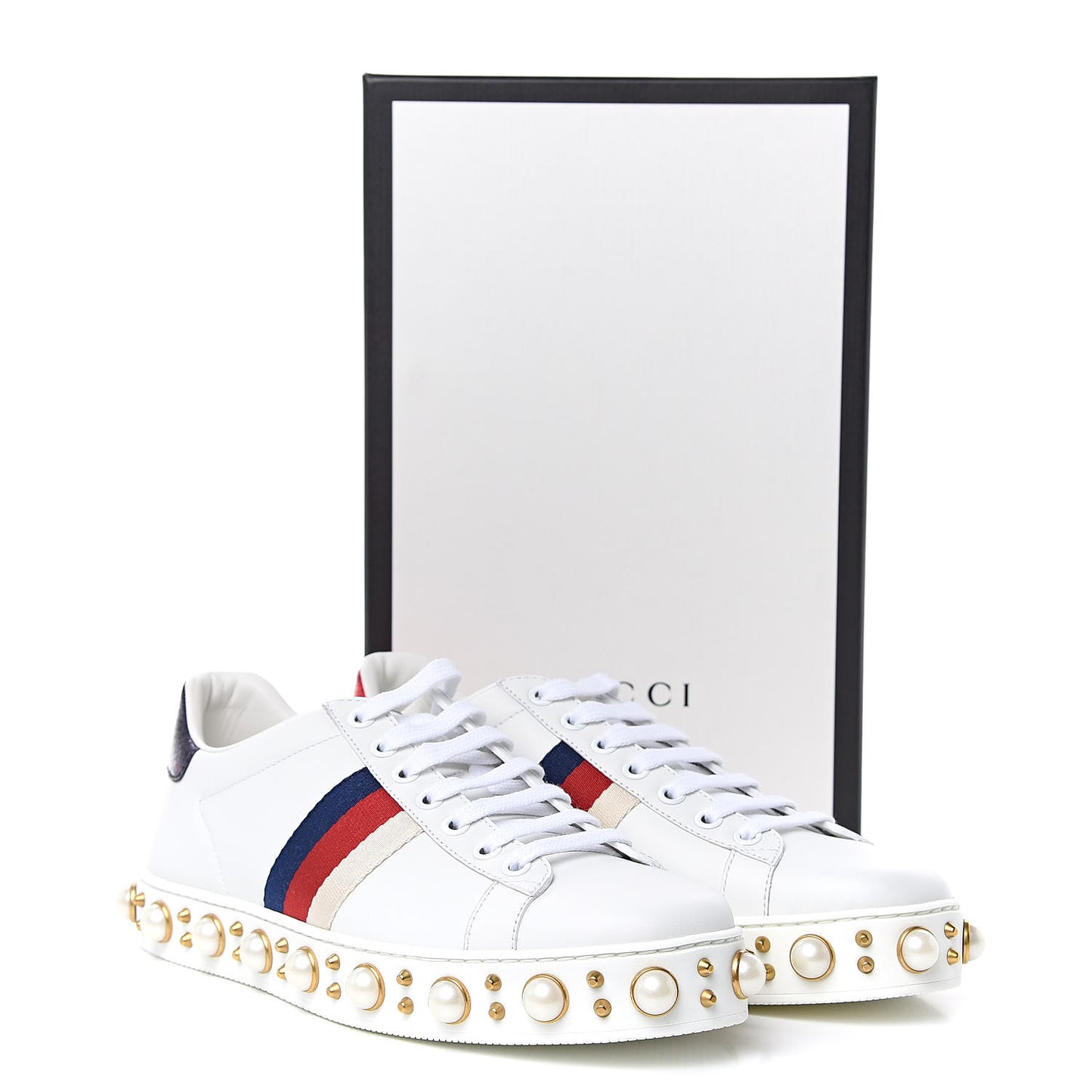 Calfskin Ayers Web Pearl Studded Womens Ace Sneakers 38 White