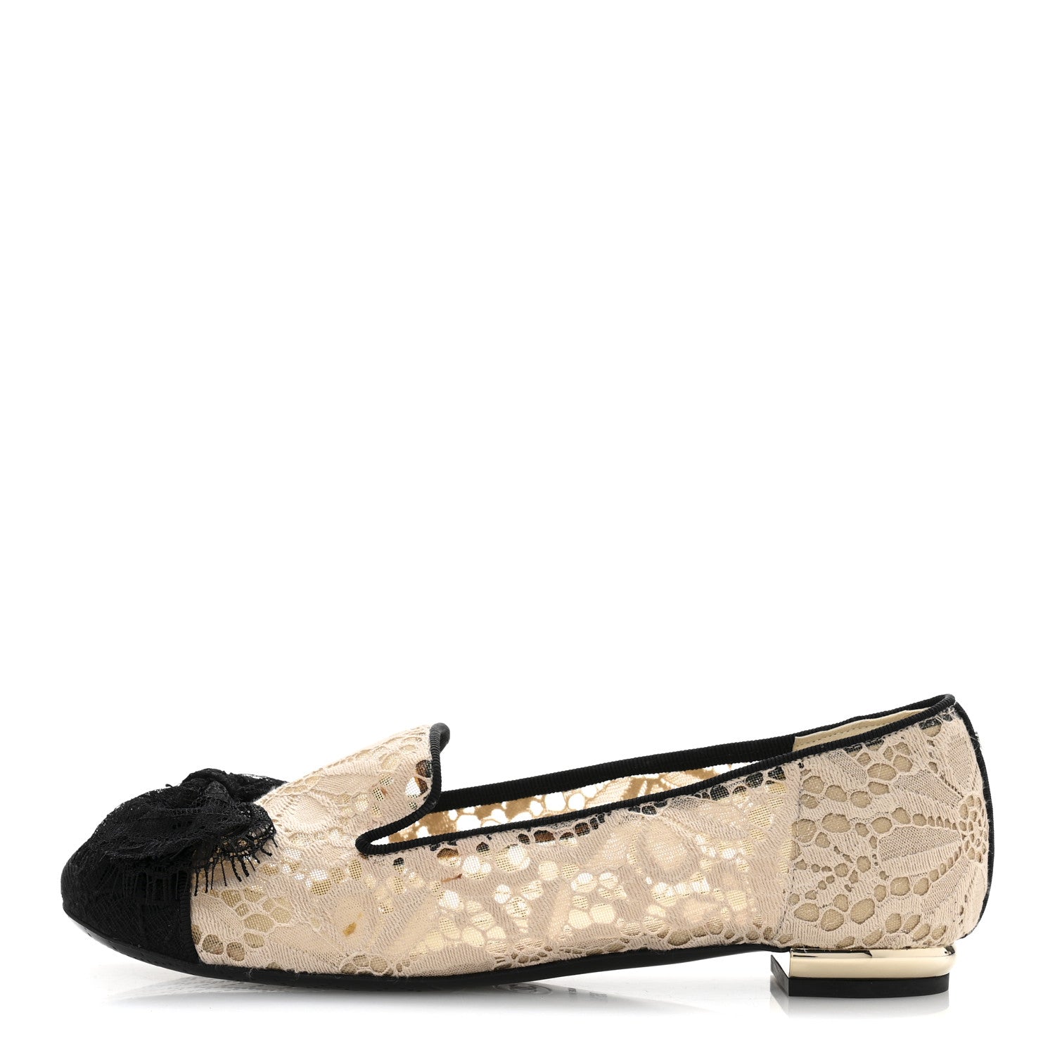 Chanel Lace Cap Toe CC Flats 36.5 Beige Black 1 of 9