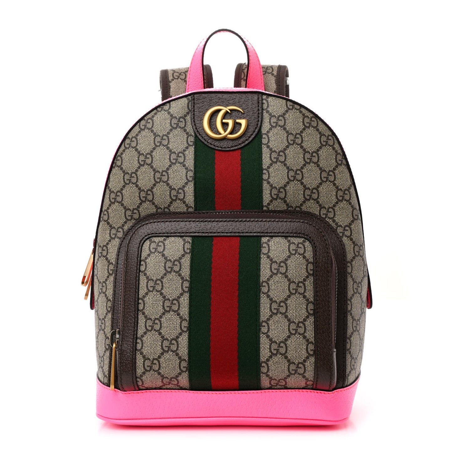 GG Supreme Monogram Textured Dollar Calfskin Web Small Ophidia Day Backpack Beige Ebony Fluorescent Fuchsia