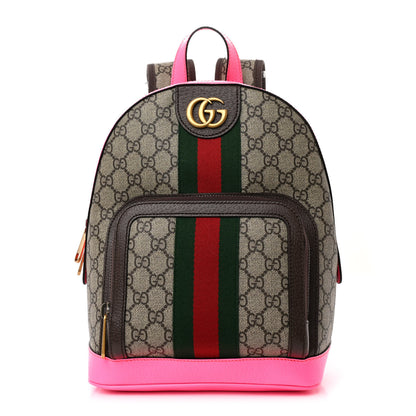 Gucci GG Supreme Monogram Textured Dollar Calfskin Web Small Ophidia Day Backpack Beige Ebony Fluorescent Fuchsia 1 of 10