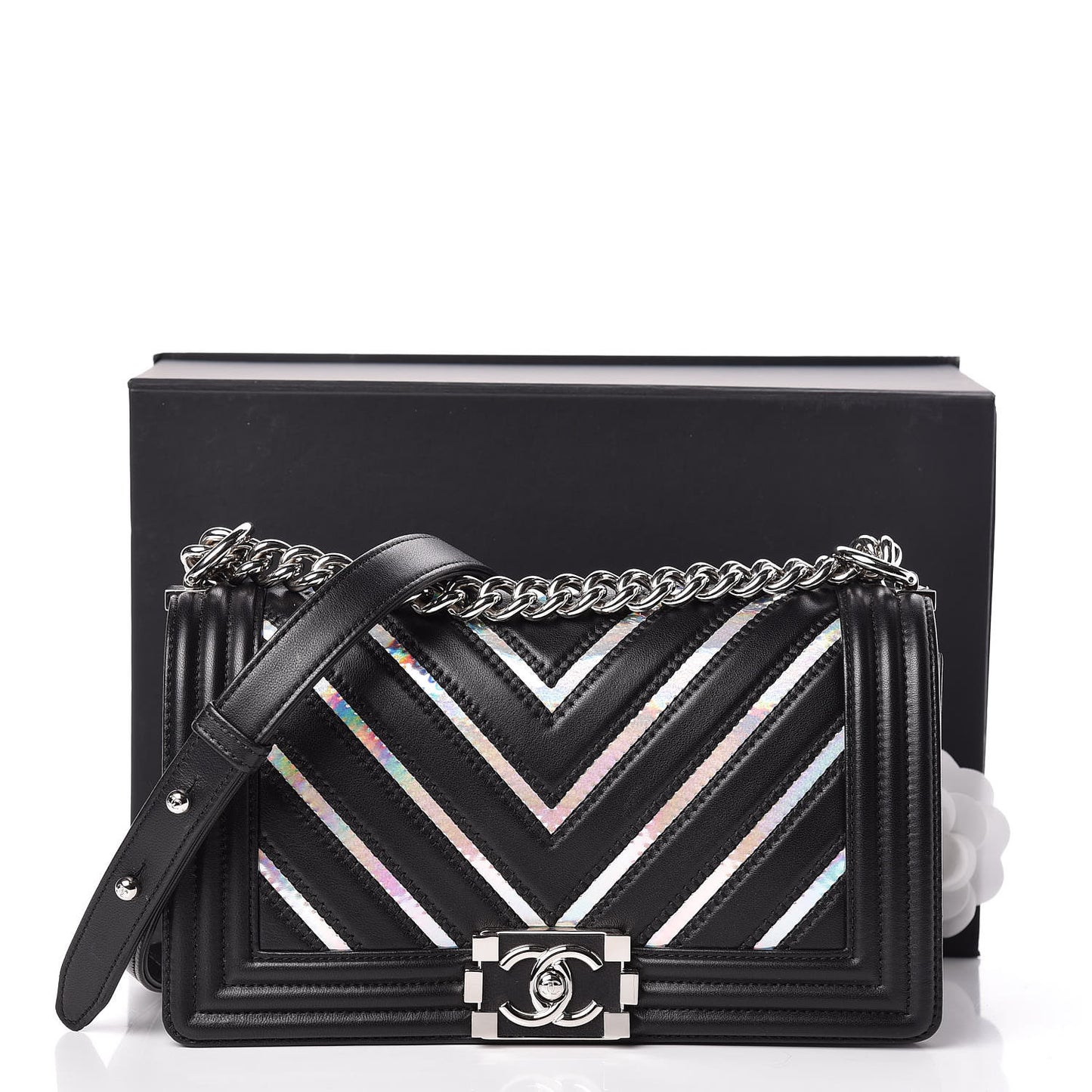 Lambskin Iridescent PVC Chevron Quilted Medium Boy Flap Black Silver
