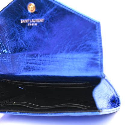 Saint Laurent Metallic Goatskin Mixed Matelasse Chevron Small Monogram Envelope Wallet Blue 5 of 7