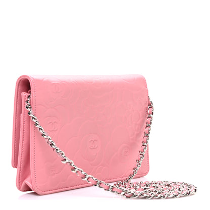 Chanel Lambskin Camellia Embossed Wallet on Chain WOC Pink 3 of 13