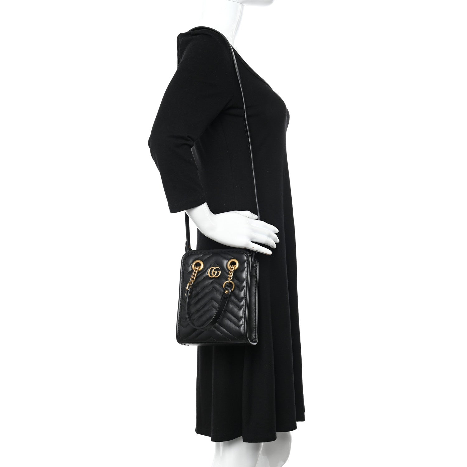 Gucci Calfskin Matelasse Chevron Mini GG Marmont Tote Black 2 of 10