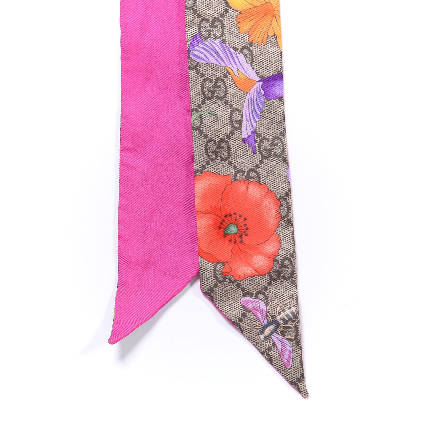 Silk Monogram GG Flora Print Neck Bow Fuchsia