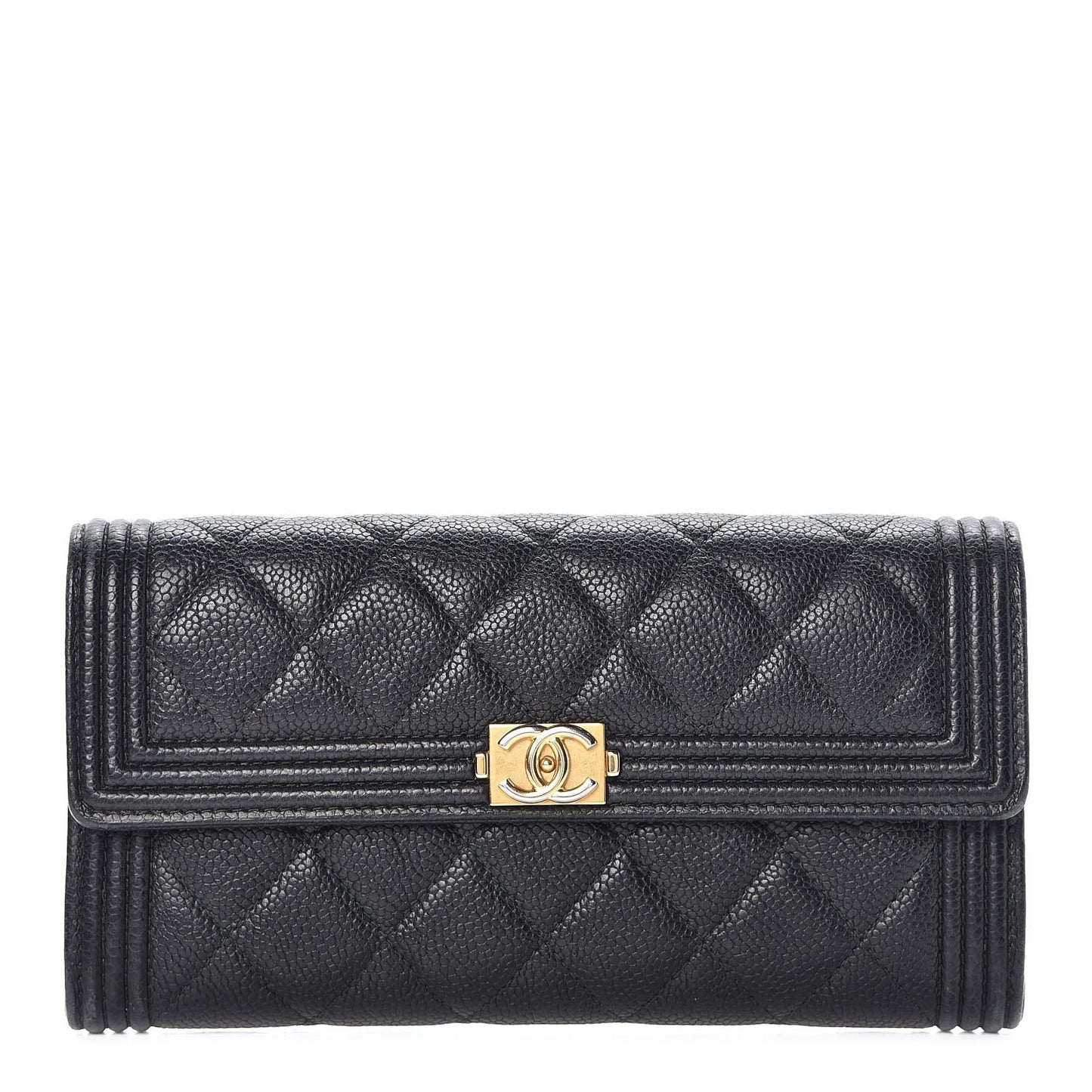 Caviar Quilted Large Boy Gusset Flap Wallet Black