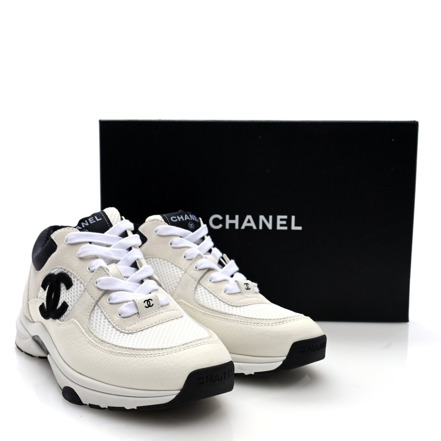 Chanel Mesh Suede Calfskin Grained Calfskin Womens CC Sneakers 38.5 White Black 7 of 8