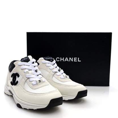 Chanel Mesh Suede Calfskin Grained Calfskin Womens CC Sneakers 38.5 White Black 7 of 8