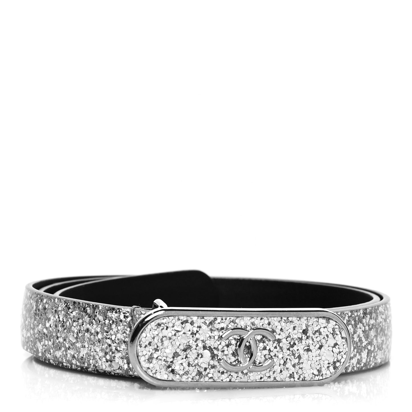 Glitter Calfskin CC Logo Skinny Belt 70 28 Silver