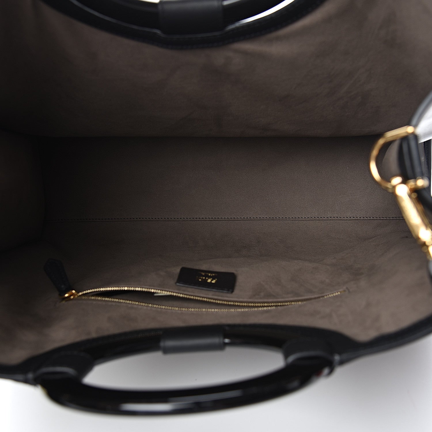 Fendi Glazed Fabric Vitello Century Plexiglass FF 1974 Stamp Patch Medium Runaway Shopper Tote Mogano Panna Black 4 of 9