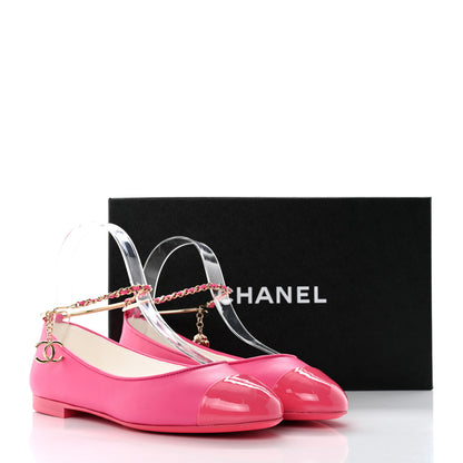 Chanel Lambskin Patent Calfskin Cap Toe Ankle Chain Ballerina Flats 37 Pink 10 of 10