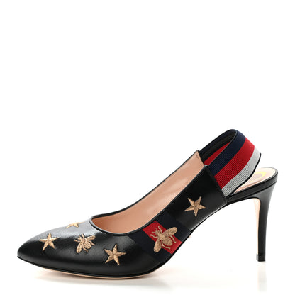 Gucci Calfskin Web Bee Star Embroidered Sylvie Mid Heel Slingback Pumps 39 Black 1 of 10