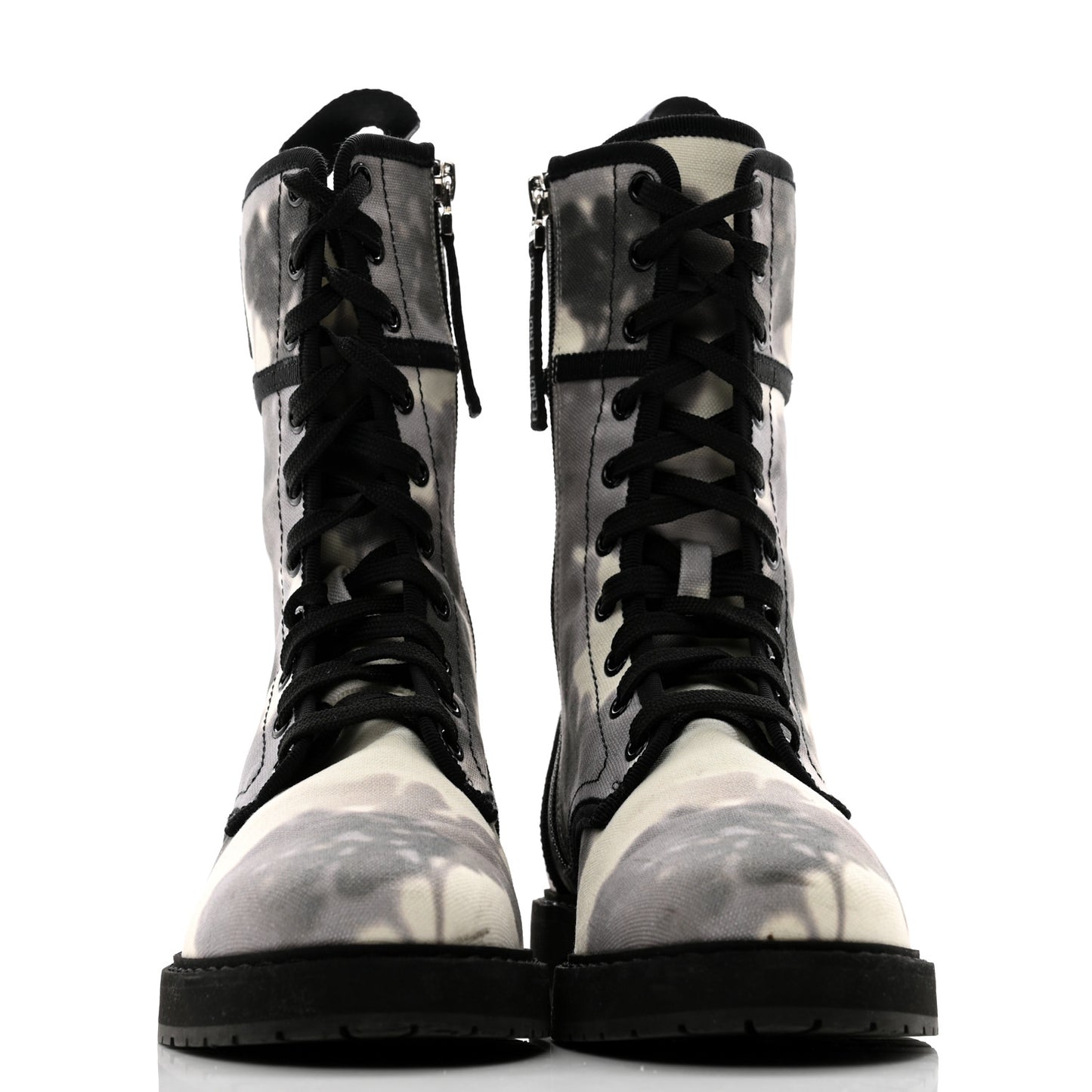 Canvas Floral Print Logo Bi-Color Womens Biker Boots 37 White Black