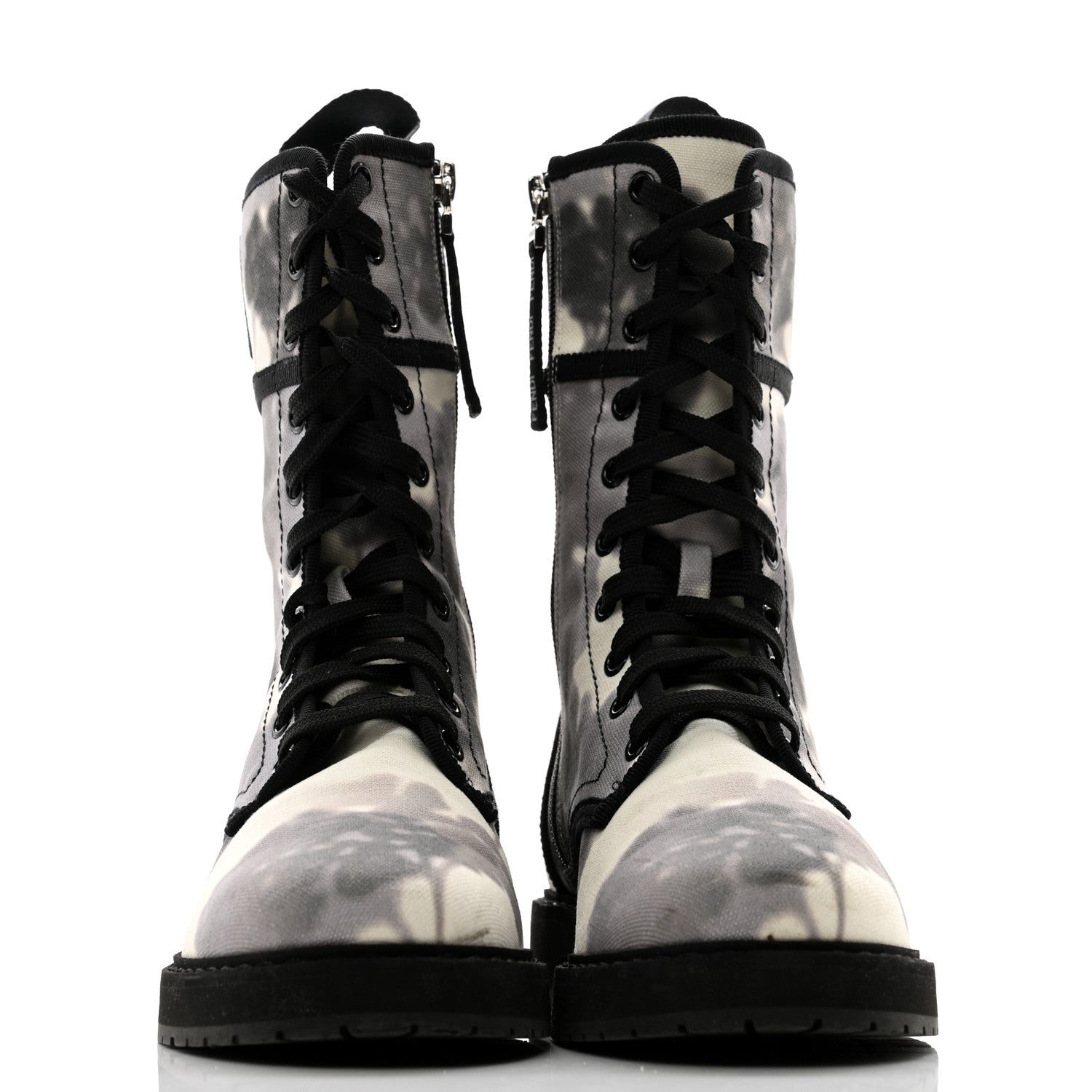 Fendi Canvas Floral Print Logo Bi-Color Womens Biker Boots 37 White Black 2 of 11